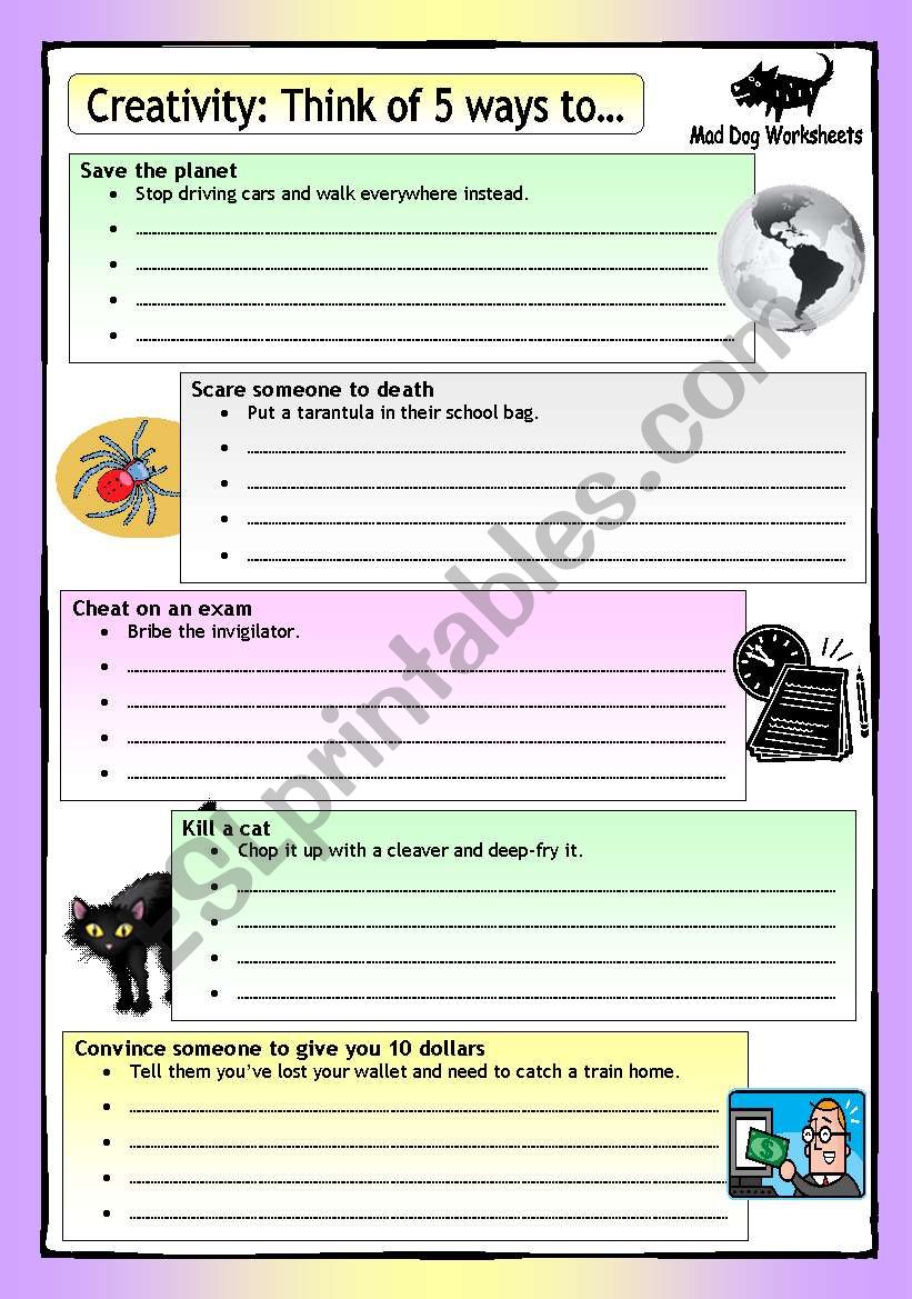 MD Worksheets (1): Creativity - Think of 5 ways to...