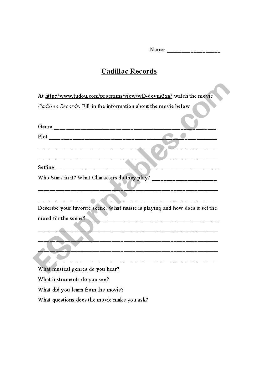 Cadillac Records Movie Worksheet