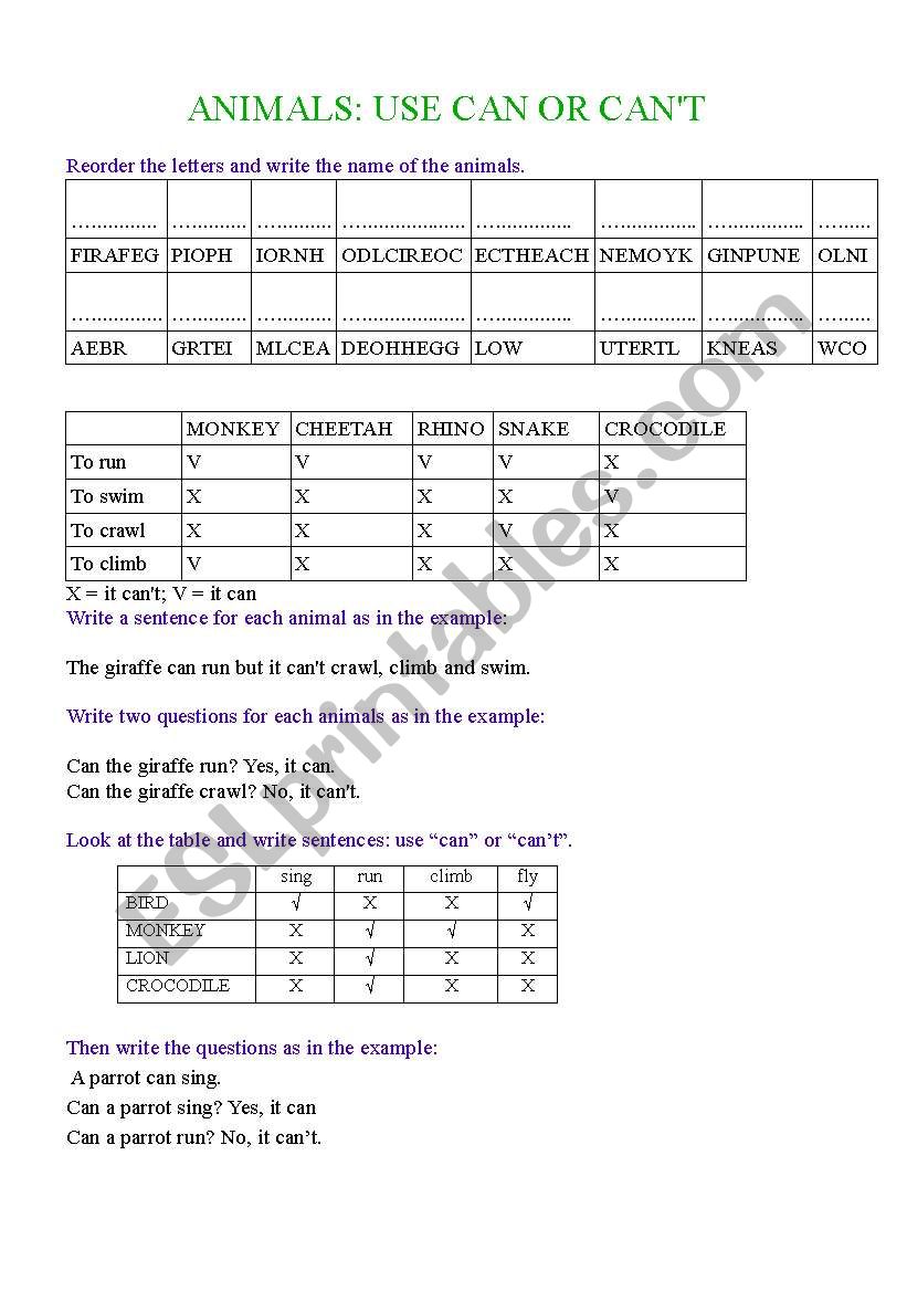 animals_can_cant worksheet