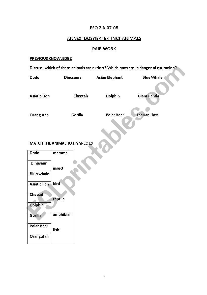 Extinc animals worksheet