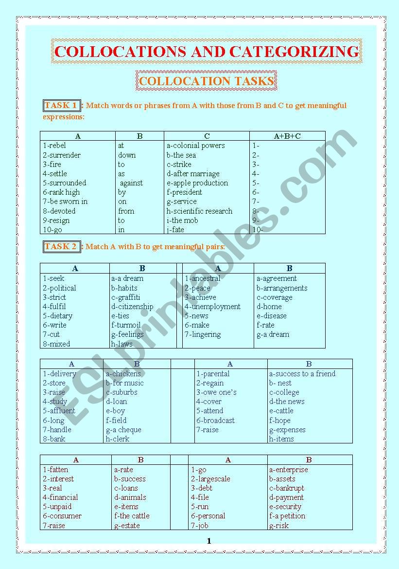 COLLOCATIONS AND CATEGORIZING worksheet