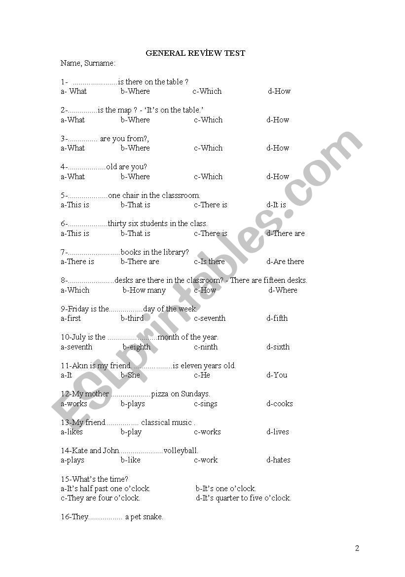 general exam worksheet