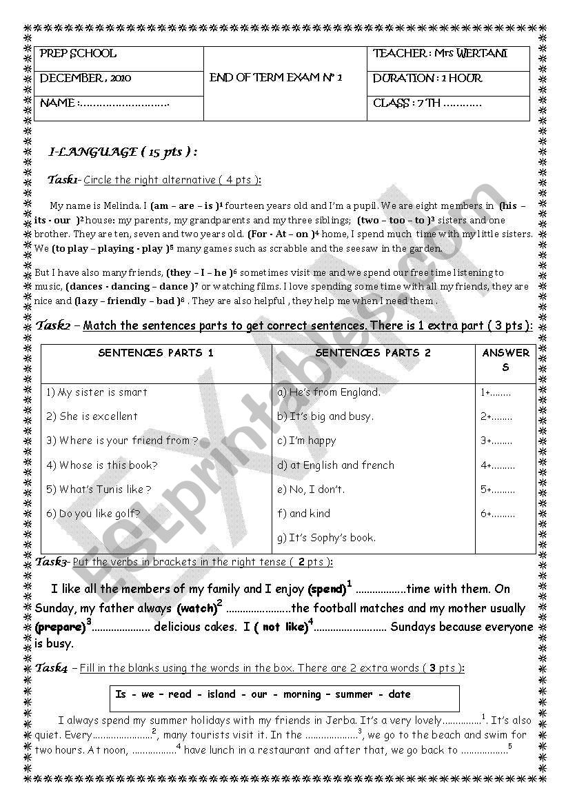 end of term test 1 for the 7th form