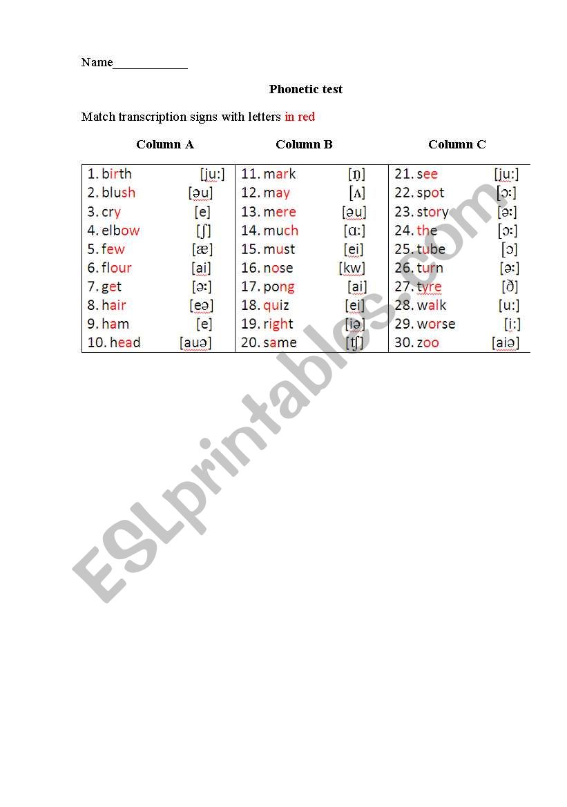 Phonetic test worksheet