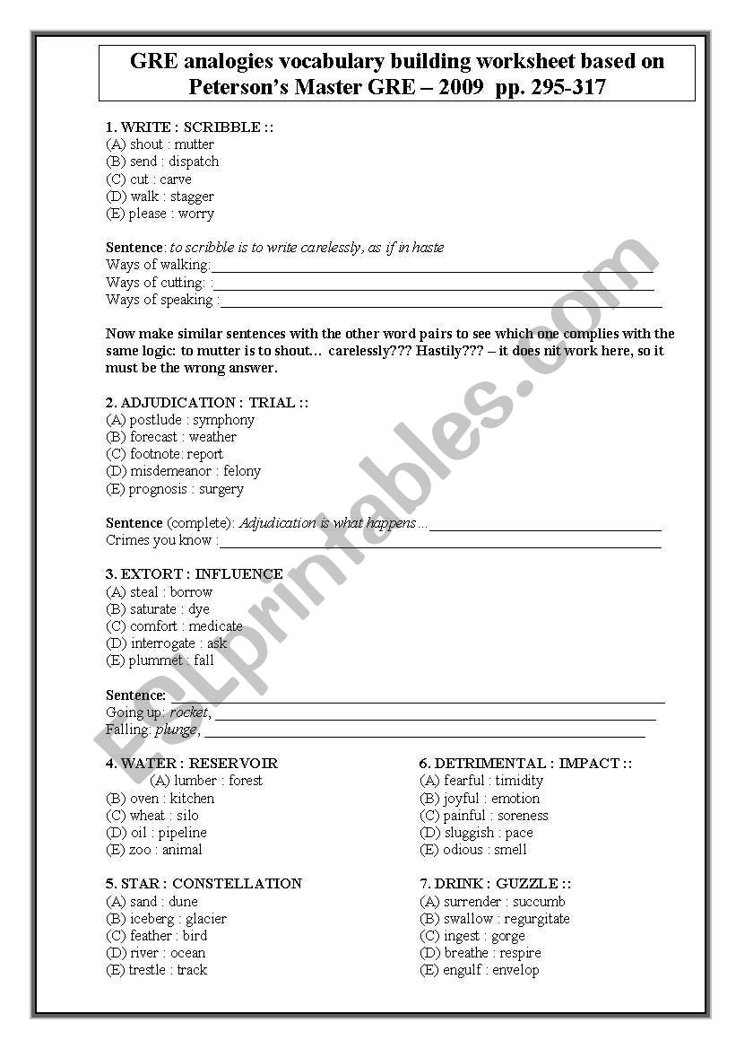 GRE test analogies vocabulary development worksheet