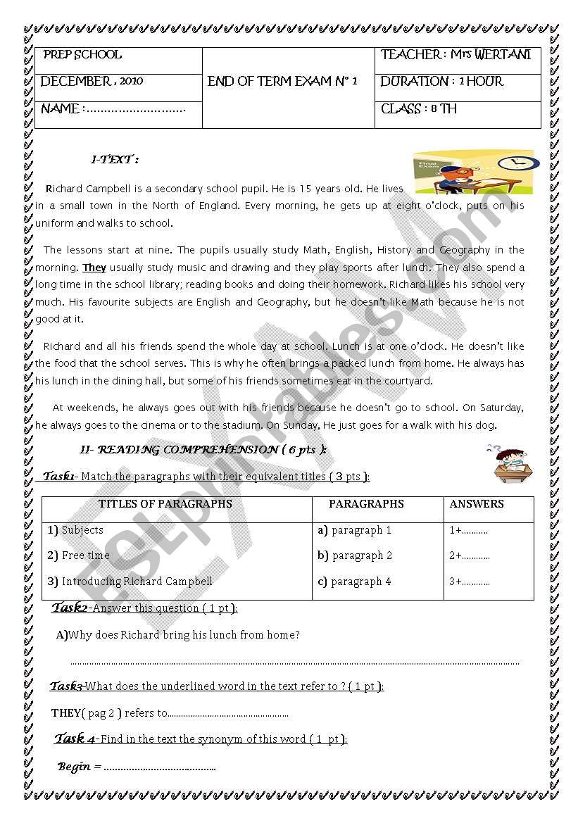 2 end of term tests  for the 8th form