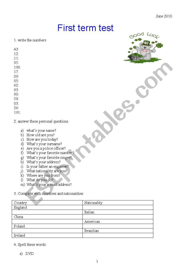 term test worksheet