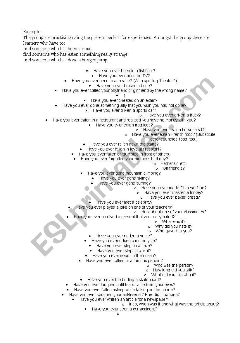 Present Perfect Questions worksheet