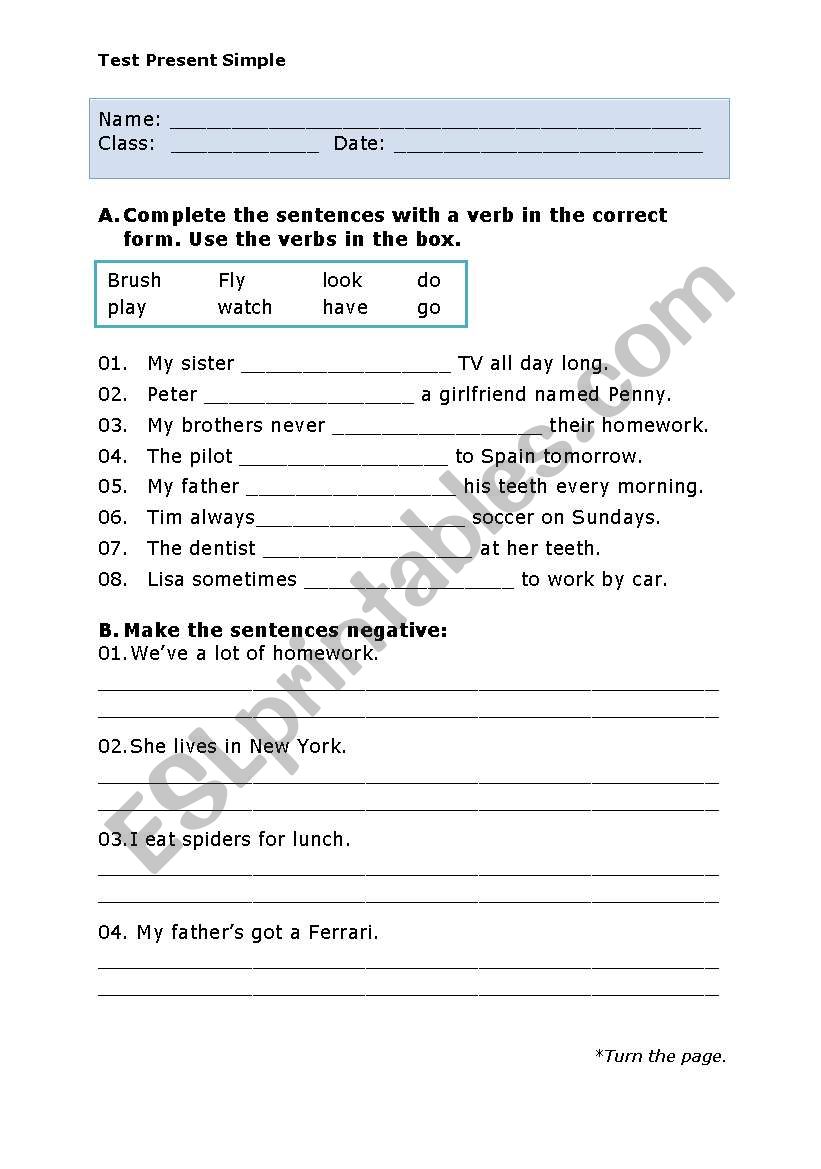 Test Present Simple worksheet