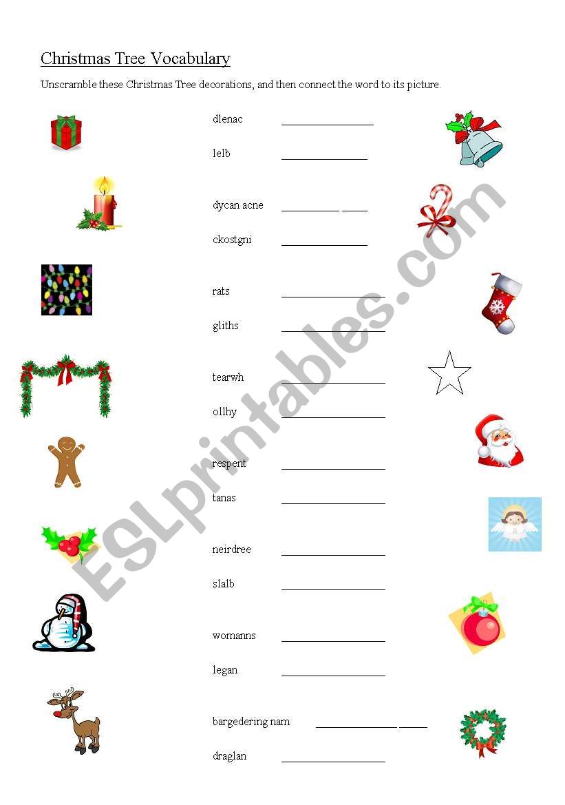 English worksheets: Christmas Tree Decorations Vocabulary