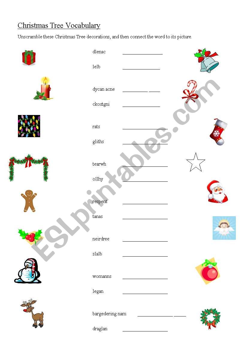 English Worksheets Christmas Tree Decorations Vocabulary
