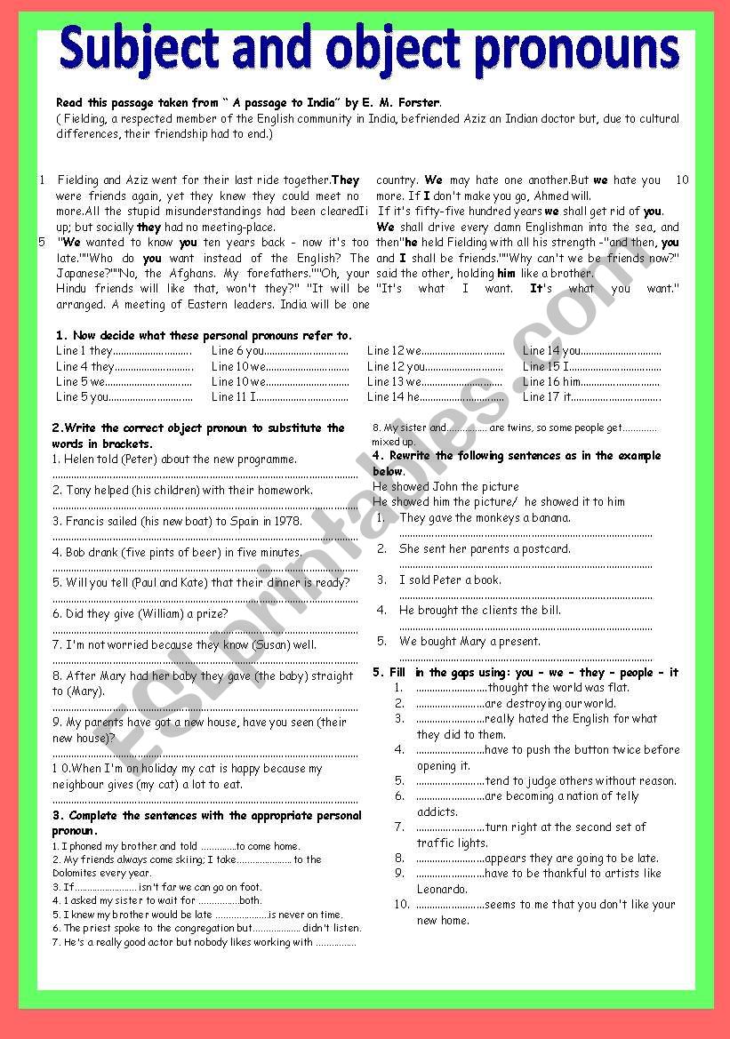 Subject and object pronouns worksheet