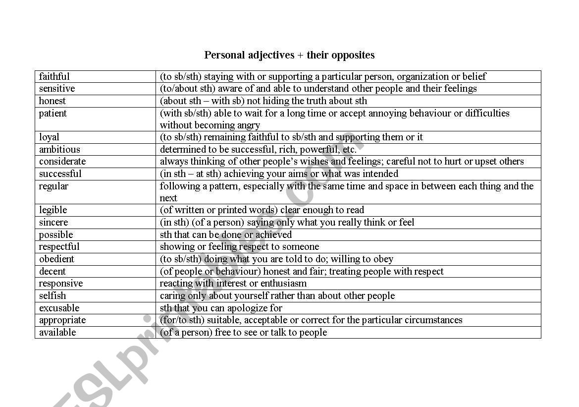 Personal adjectives - pairwork exercise