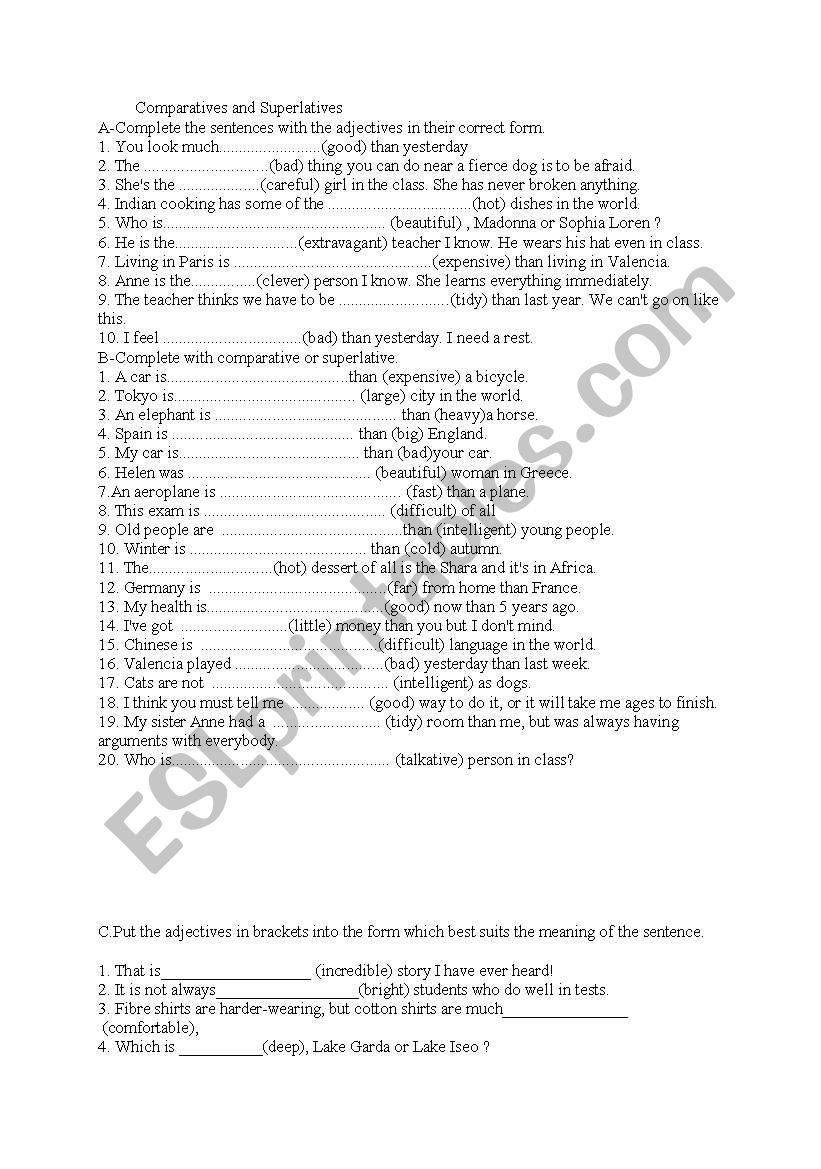 Comparatives and superlatives worksheet