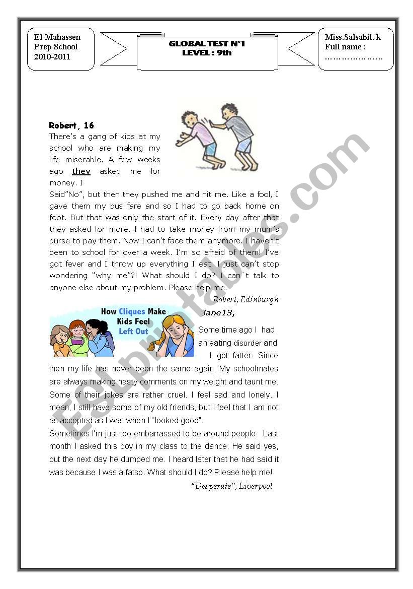 global test NÂ°1 (9th grade) worksheet