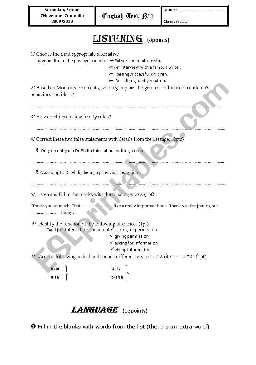 3ed level exam 1st term worksheet