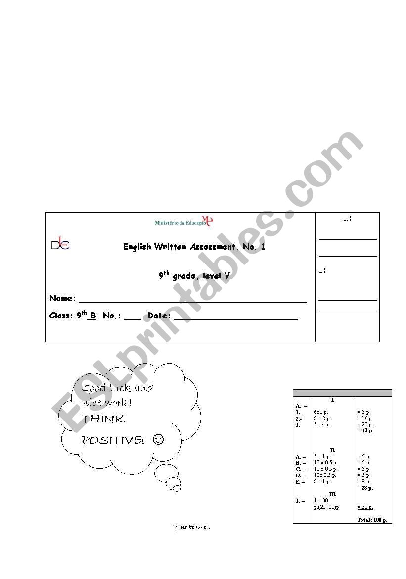 English written assessment no. 1 - 9th grade, level 5 - unit: High-tech teens