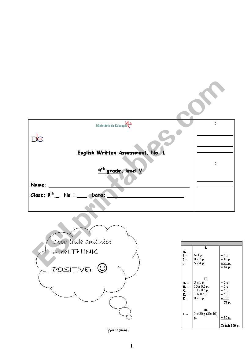 English written assessment no 1 - 9th grade, level 5