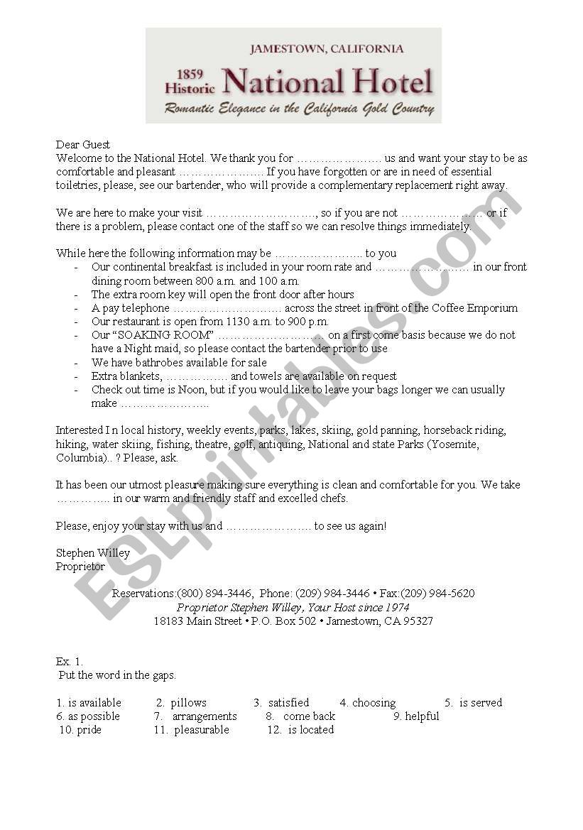 Hotel welcome letter worksheet