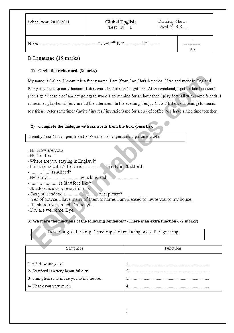 End of term test number 1 for 7th form