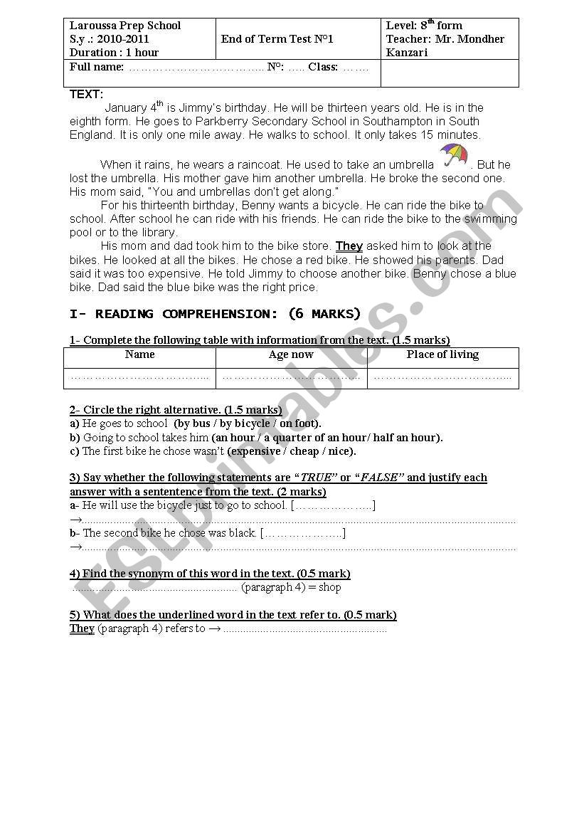 8th form end term test1 worksheet