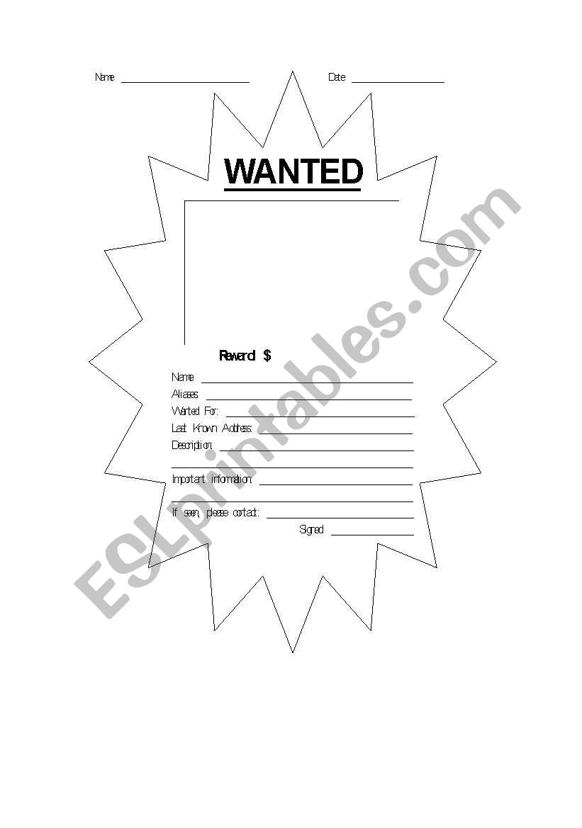 Wanted Ad worksheet
