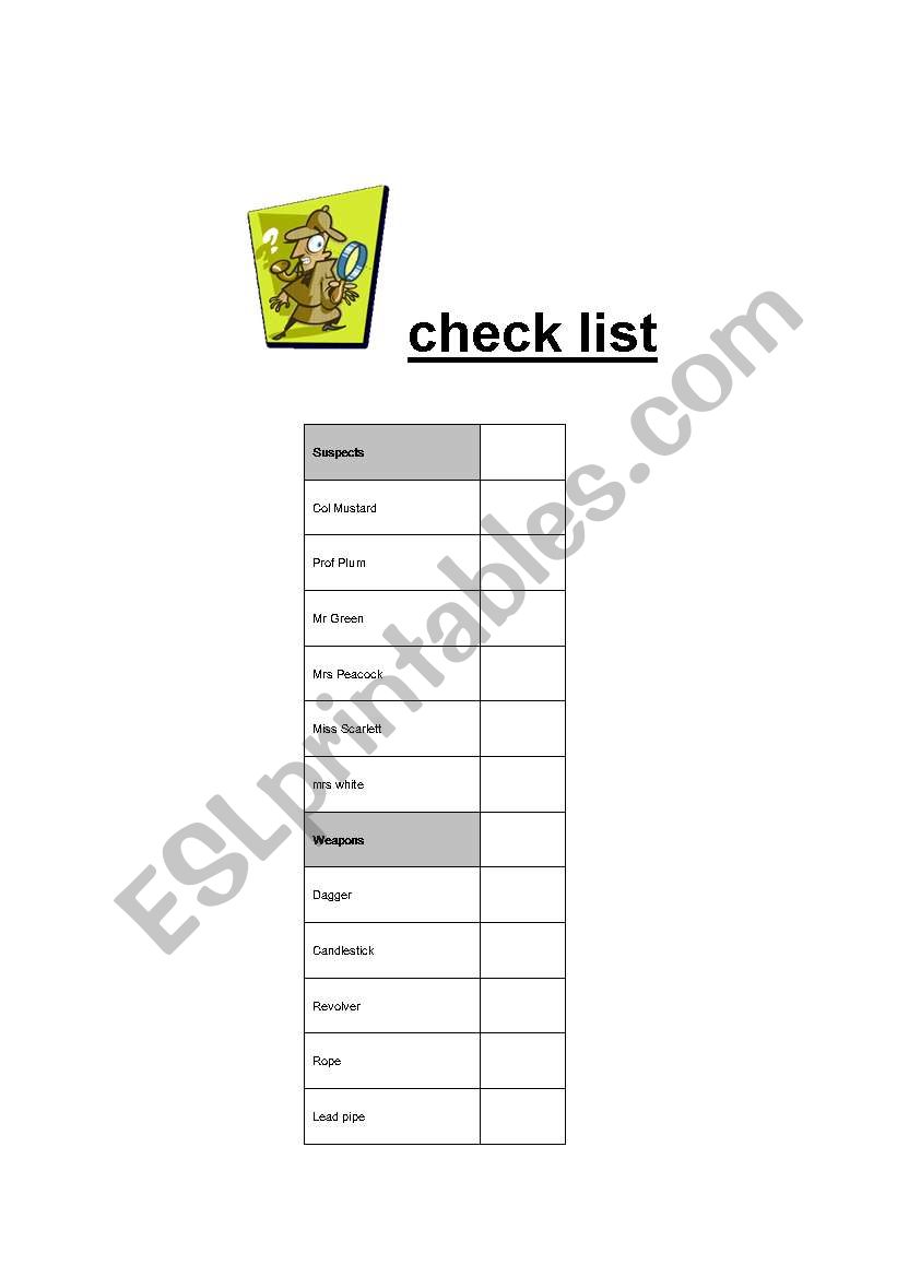 Clue game checklist and printables items