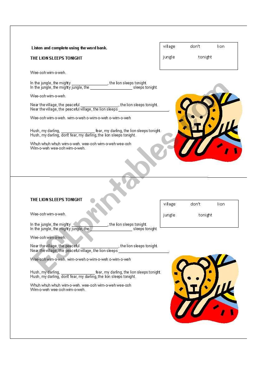 Lion king song worksheet