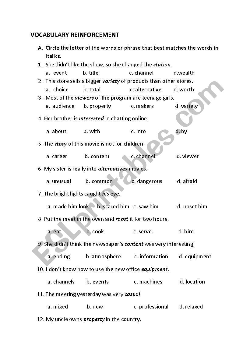 vocabulary reinforcement worksheet