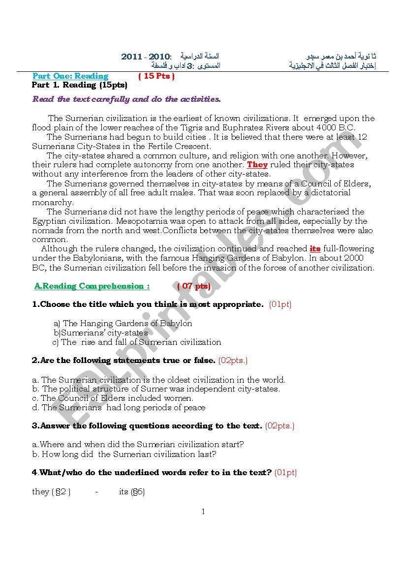 First Term Final Exam worksheet