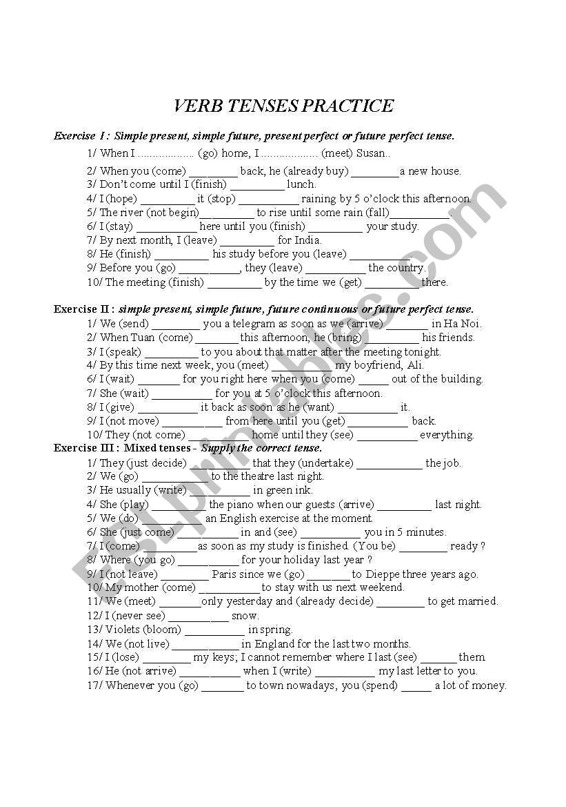 Verb tense test worksheet