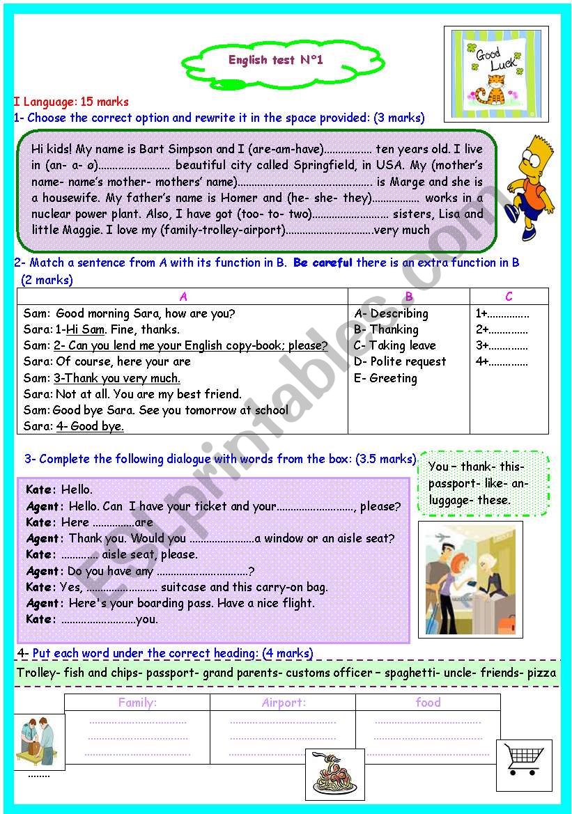 7th form full term test n 1 worksheet