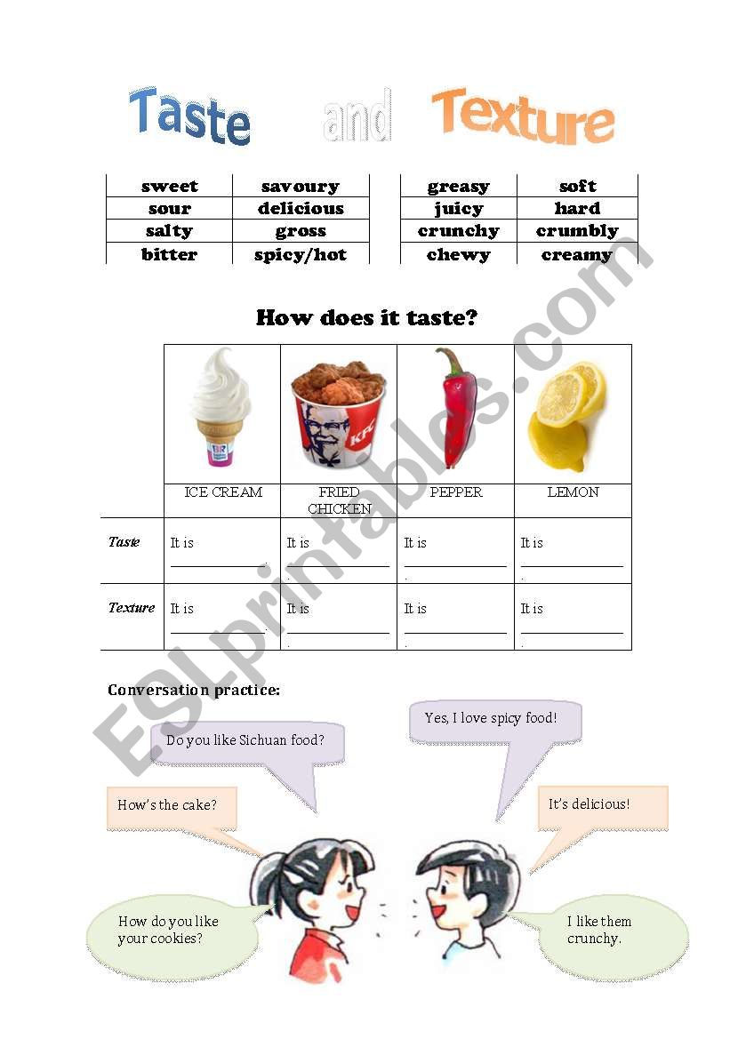 Taste and texture worksheet