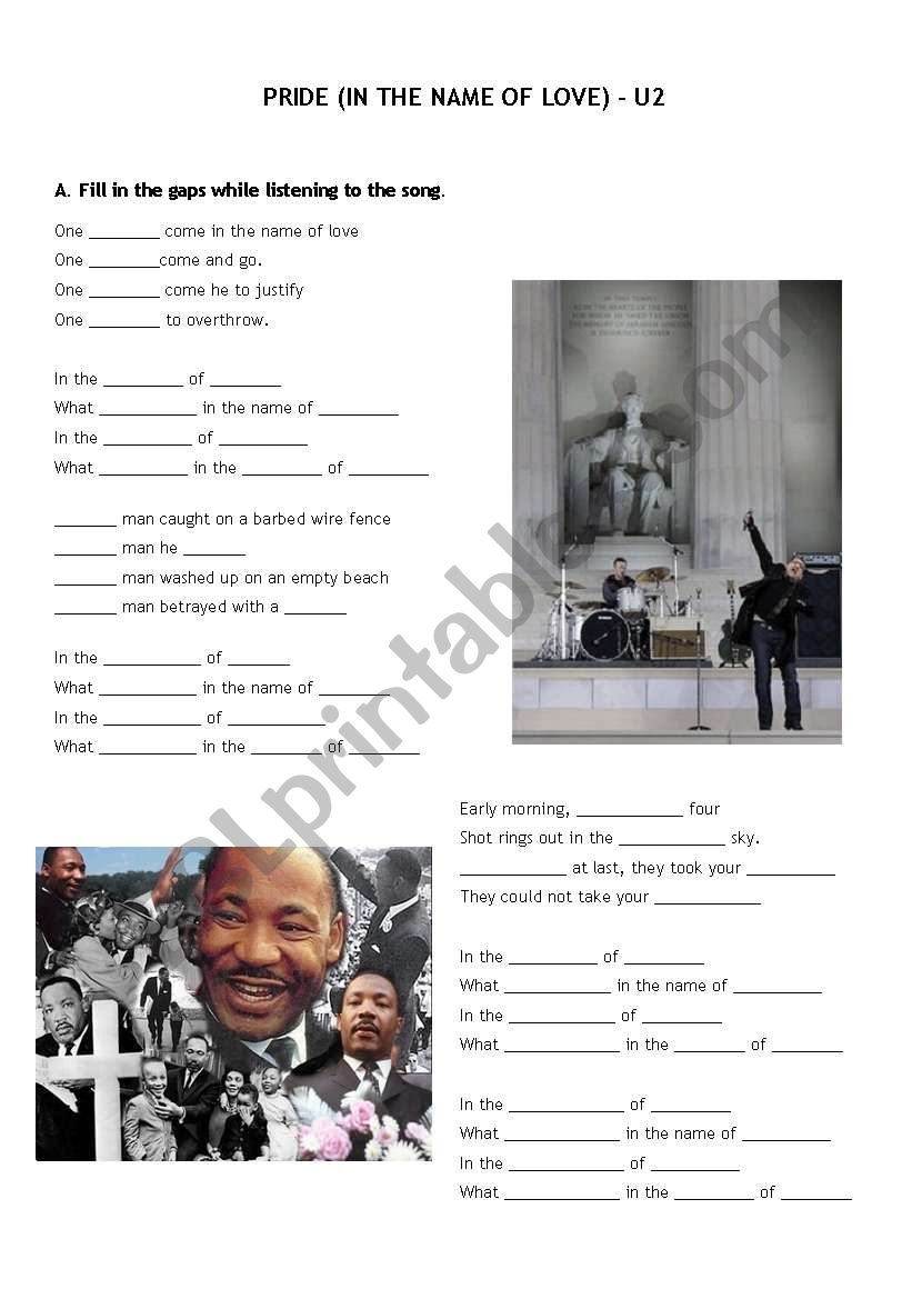 pride (in the name of love) worksheet