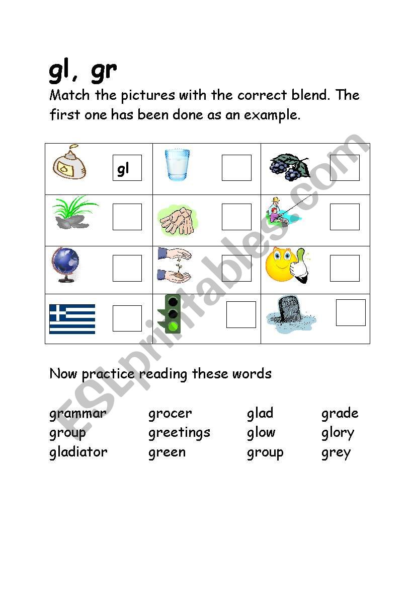 blends gl, gr worksheet