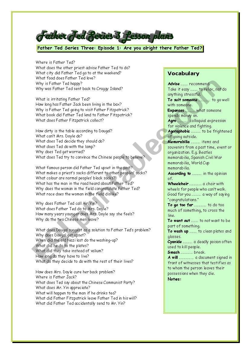 Father Ted series three Lesson Sheets