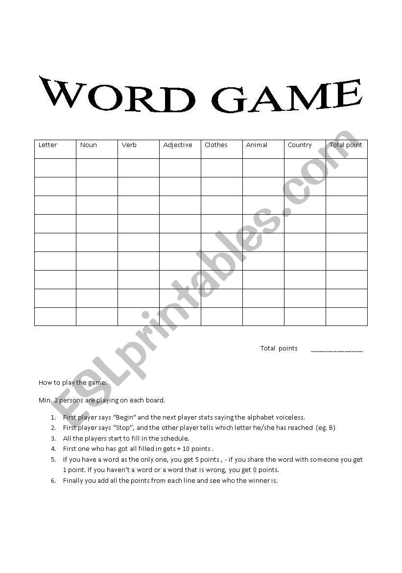 Word game worksheet