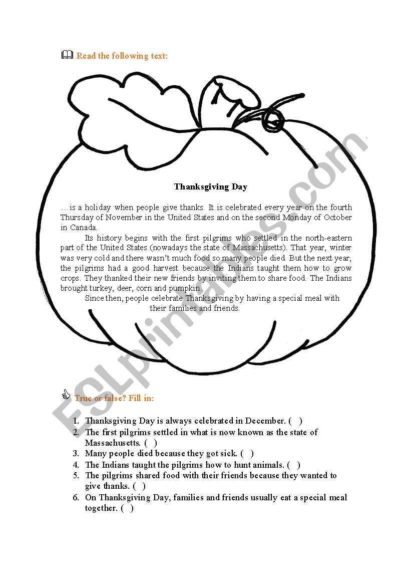 Thanksgivind Reading Sheet worksheet