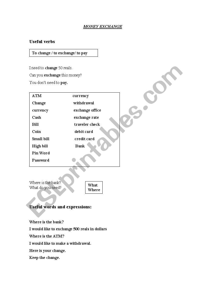 Money exchange worksheet