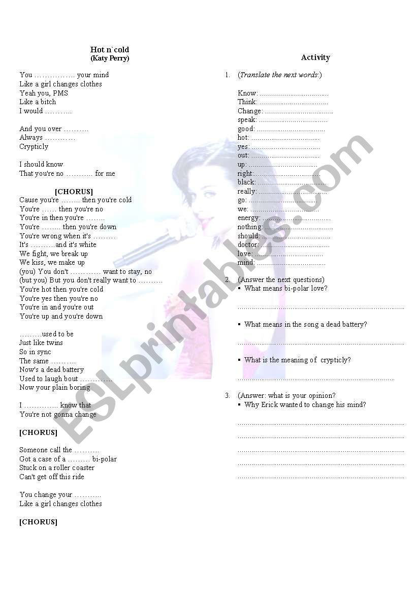 Lets sing with Katy Perry worksheet