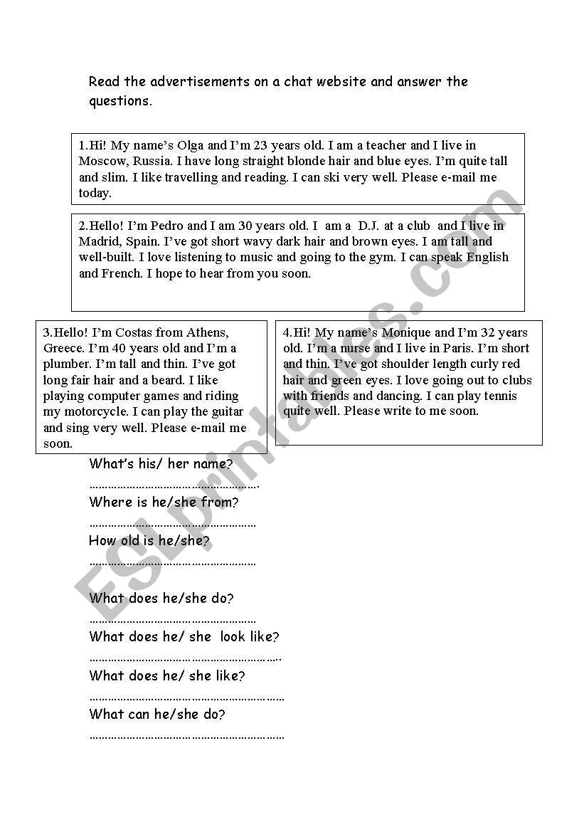 Chat room worksheet