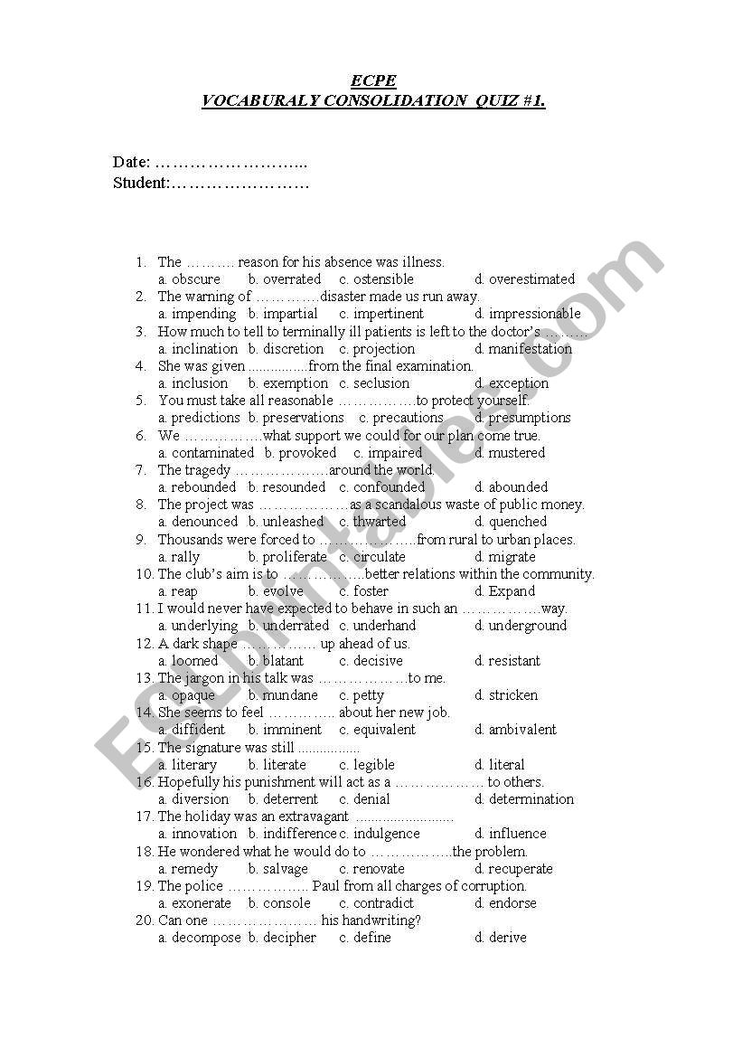 ECPE VOCABULARY QUIZ worksheet