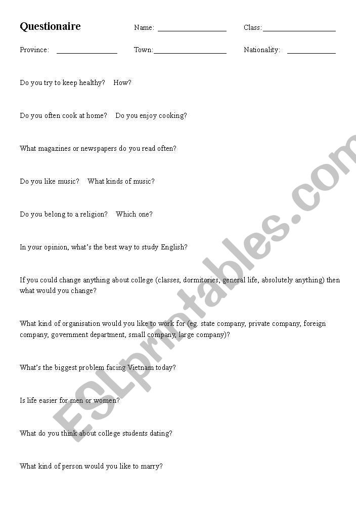 talkshow questionnaire worksheet