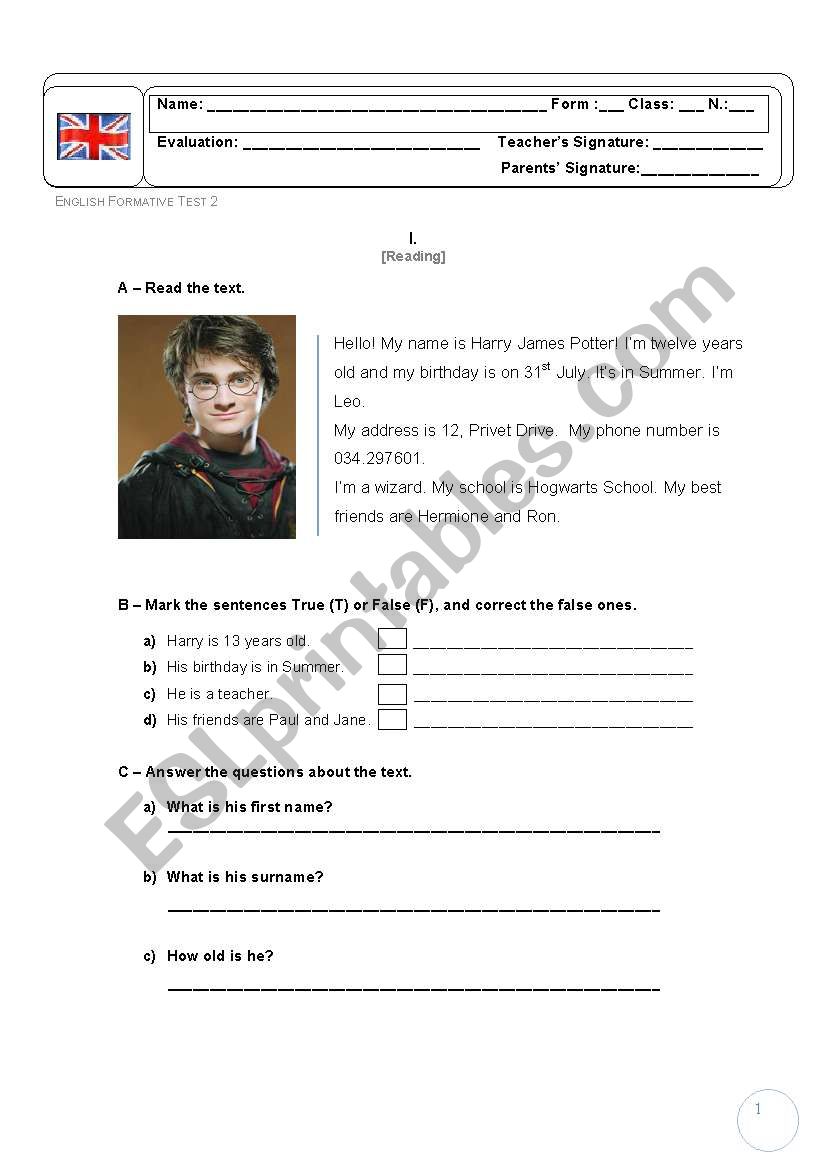 Harry Potter Worksheet worksheet