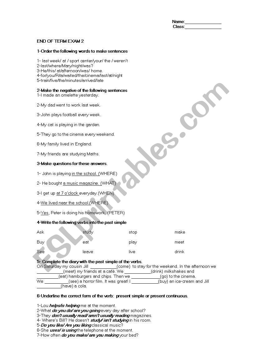 Test on present, past and vocabulary