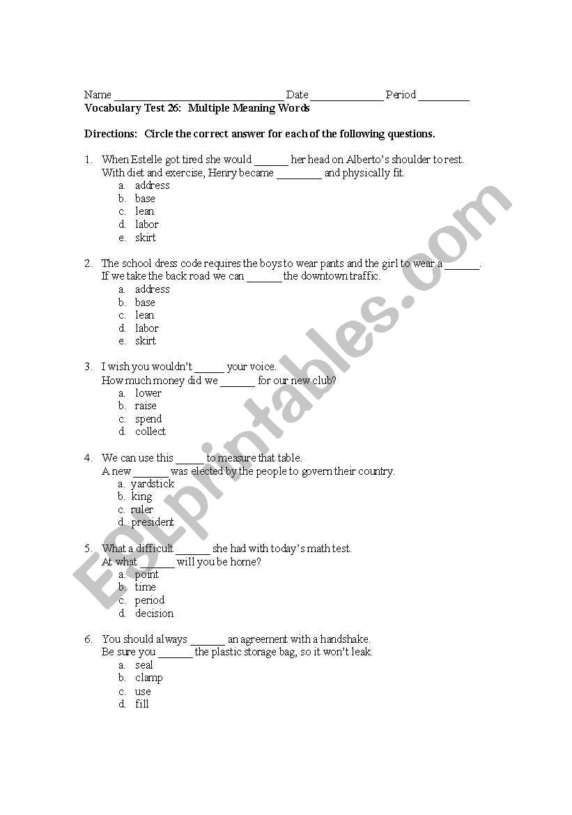 Multiple Meaning Words worksheet