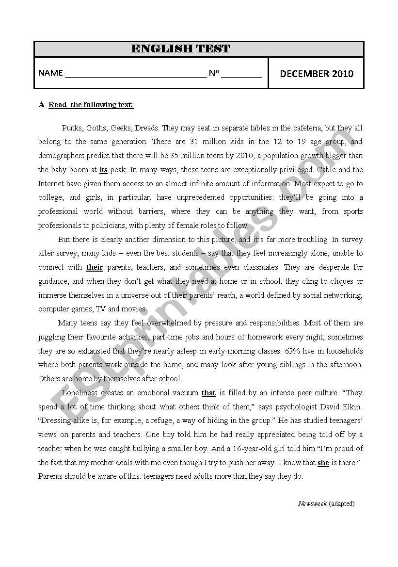 Teens´ Life - ESL worksheet by Eibe