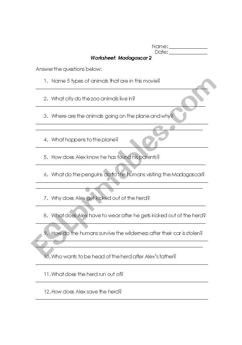 Madagascar 2 Worksheer worksheet