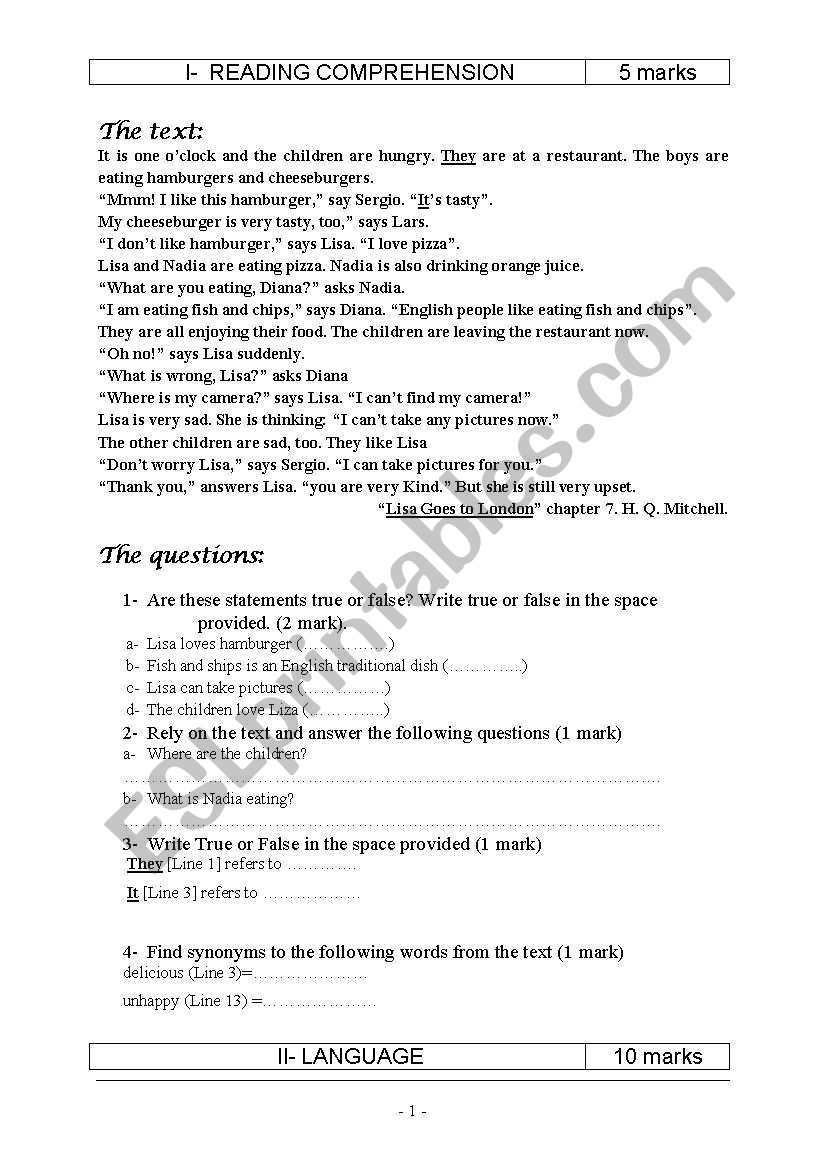 the restaurant worksheet
