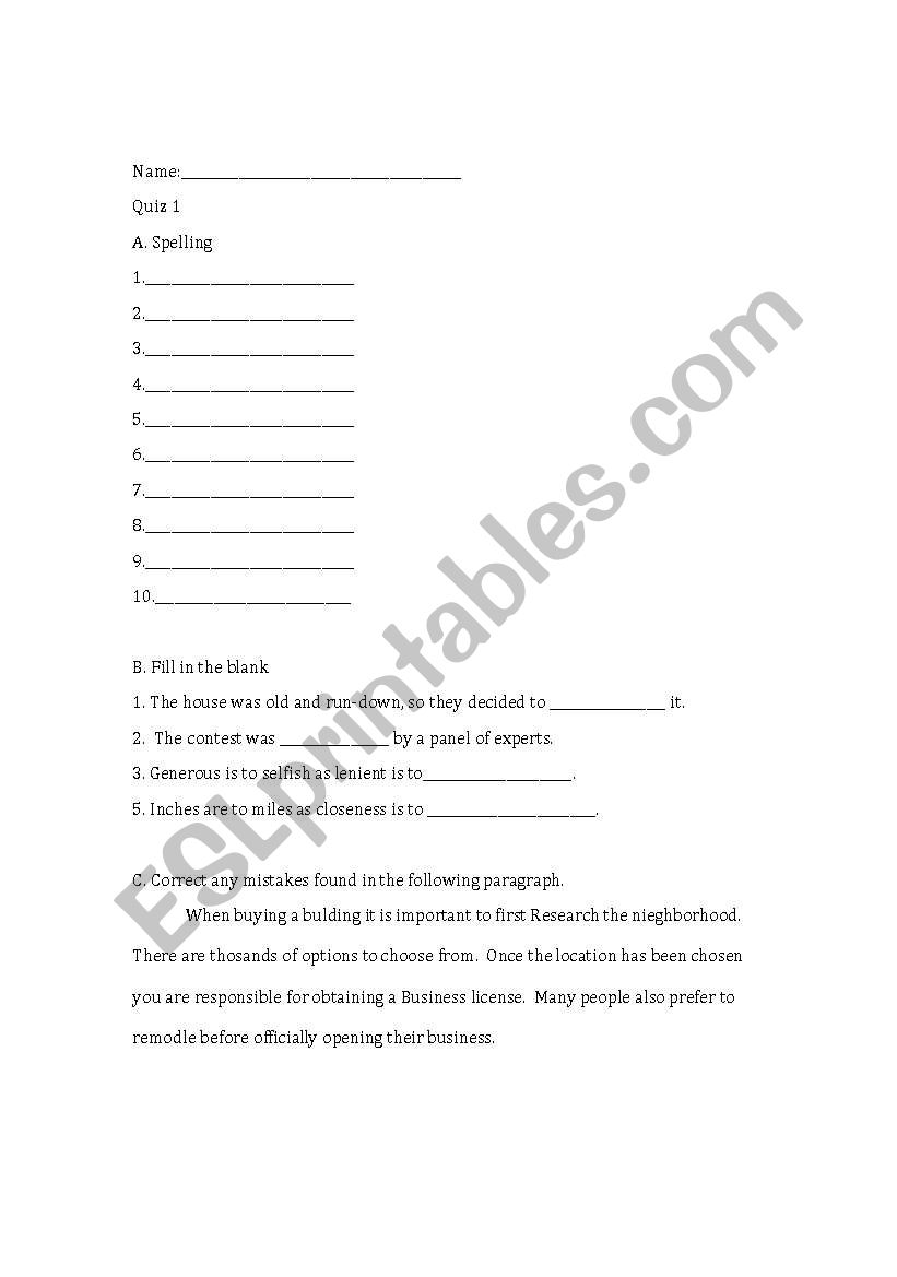Vocabulary quiz worksheet